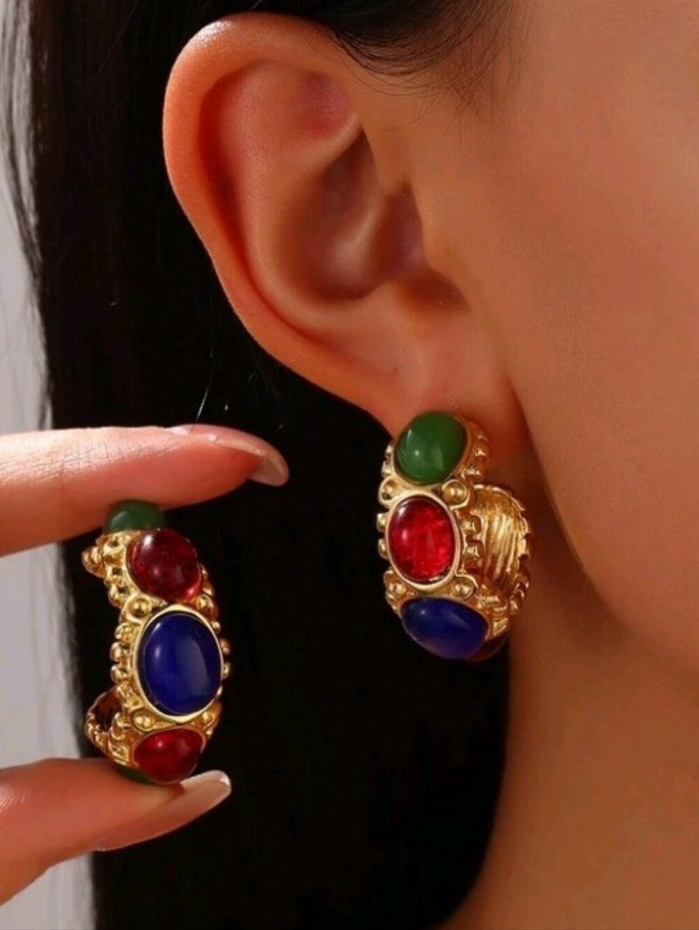 NEW! 18K Gold Plated Retro Multi-Stone Colorful Cabochon Half Hoop Earrings